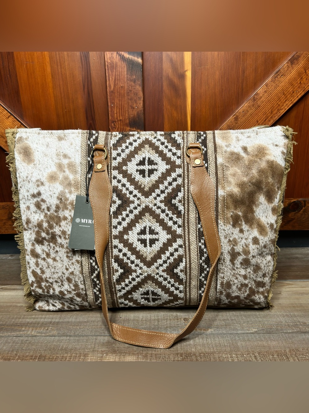 Myra large tote weekender Elise Upcycled Canvas Brown cowhide NWT